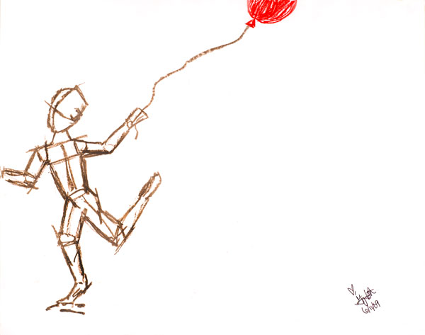Sketch of person with red balloon.